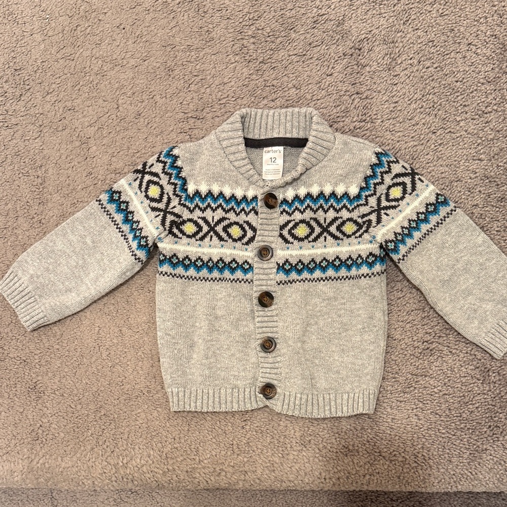 Carter's Gray and Blue Patterned Kids Cardigan